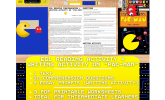 ESL Reading Comprehension + Essay Worksheets on Pac-Man - Video Game