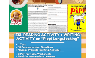 ESL Reading Comprehension + Essay Worksheets on Pippi Longstocking