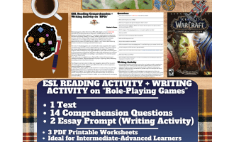 ESL Reading Comprehension + Essay Worksheets on Role-Playing Games