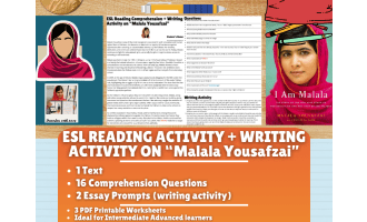 ESL Reading Comprehension + Writing Activity - Malala Yousafzai