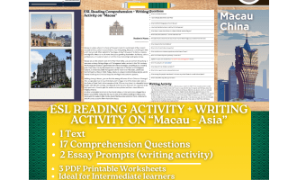 ESL Reading Comprehension + Writing Activity on "Macau" - Asia