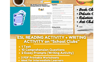 ESL Reading Comprehension + Writing Activity Worksheet on School Clubs