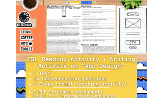 ESL Reading Comprehension + Writing Activity Worksheets - App Design