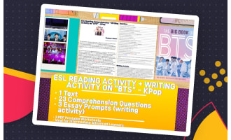 ESL Reading Comprehension + Writing Activity Worksheets - BTS - KPop