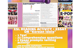ESL Reading Comprehension + Writing Activity Worksheets - Korean Idols