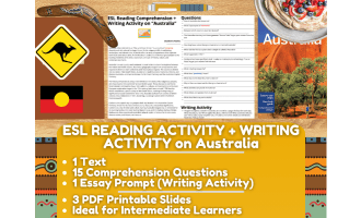 ESL Reading Comprehension + Writing Activity Worksheets on Australia
