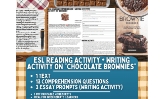 ESL Reading Comprehension + Writing Activity Worksheets on "Brownies"