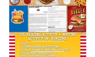 ESL Reading Comprehension + Writing Activity Worksheets on Burgers