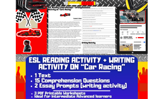 ESL Reading Comprehension + Writing Activity Worksheets on Car Racing