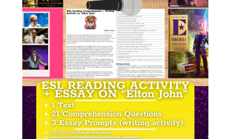 ESL Reading Comprehension + Writing Activity Worksheets on Elton John