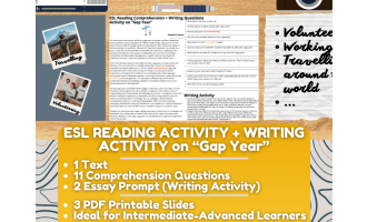 ESL Reading Comprehension + Writing Activity Worksheets on Gap Year