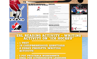 ESL Reading Comprehension + Writing Activity Worksheets on Ice Hockey