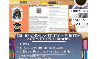 ESL Reading Comprehension + Writing Activity Worksheets on "Libraries"