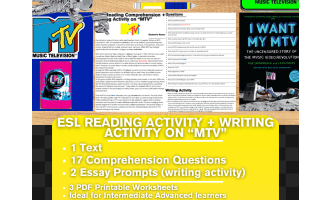 ESL Reading Comprehension + Writing Activity Worksheets on "MTV"