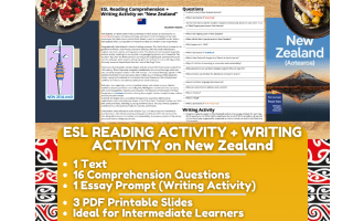 ESL Reading Comprehension + Writing Activity Worksheets on New Zealand