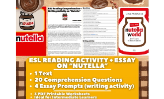 ESL Reading Comprehension + Writing Activity Worksheets on Nutella