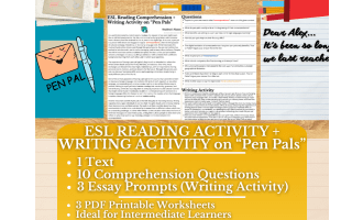 ESL Reading Comprehension + Writing Activity Worksheets on Pen Pals