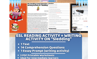 ESL Reading Comprehension + Writing Activity Worksheets on Sledding