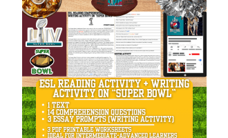 ESL Reading Comprehension + Writing Activity Worksheets on Super Bowl