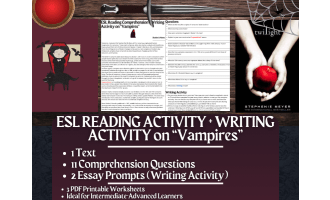 ESL Reading Comprehension + Writing Activity Worksheets on Vampires