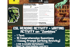 ESL Reading Comprehension + Writing Activity Worksheets on "Zombies"