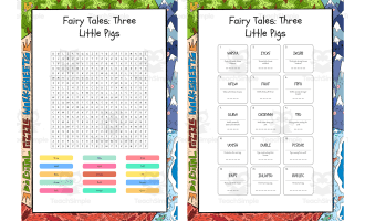 Fairy Tales Three Little Pigs word search, scramble and crossword puzz