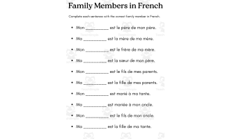 family members in french exercises worksheet