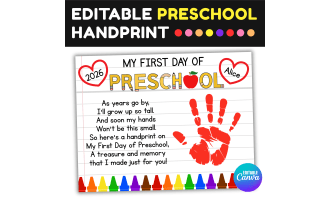 First Day of Preschool PreK Handprint Craft Poem, Back to School Art