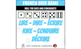 French: Dice Game - French Verbs LIRE - DIRE - ÉCRIRE - RIRE - CONDUIRE - DÉCRIRE