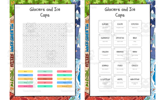 Glaciers and Ice Caps word search, scramble and crossword puzzle