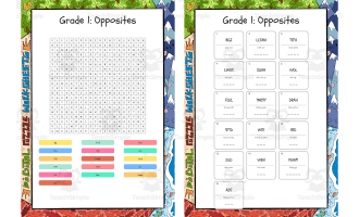 Grade 1 Opposites word search, scramble and crossword puzzle