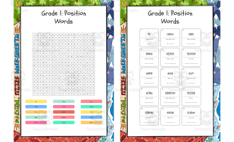 Grade 1 Position Words word search, scramble and crossword puzzle