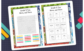 Grade 3 Sun Moon and Stars word search, scramble and crossword puzzle