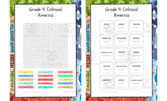 Grade 4 Colonial America word search, scramble and crossword puzzle