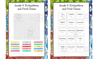 Grade 4 Ecosystems and Food Chains word search, scramble and crossword