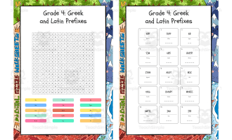 Grade 4 Greek and Latin Prefixes word search, scramble and crossword p