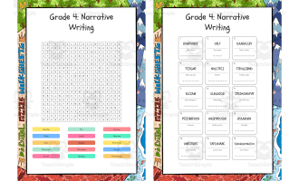 Grade 4 Narrative Writing word search, scramble and crossword puzzle