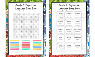 Grade 6 Figurative Language Deep Dive word search, scramble and crossw