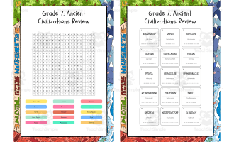 Grade 7 Ancient Civilizations Review word search, scramble and crosswo