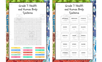 Grade 7 Health and Human Body Systems word search, scramble and crossw