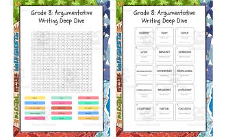 Grade 8 Argumentative Writing Deep Dive word search, scramble and cros