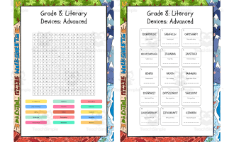 Grade 8 Literary Devices Advanced word search, scramble and crossword