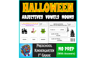 Halloween Adjectives, Vowels, and Nouns for Kindergarten and 1st Grade