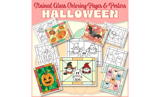 Halloween Stained Glass Coloring Pages & Posters-NO PREP