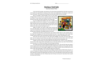 Having a Yard Sale - Reading Comprehension Worksheet