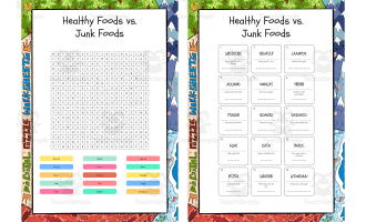 Healthy Foods vs Junk Foods word search, scramble and crossword puzzle