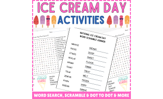 Ice cream day activities: word search, scramble, dot to dot, matching