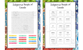 Indigenous People of Canada word search, scramble and crossword puzzle