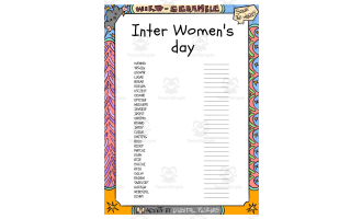 Inter Women's day word Scramble puzzle worksheet