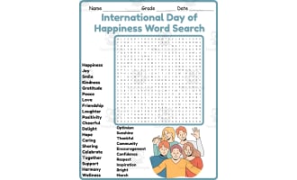 International Day of Happiness Word Search 2nd 3rd 4th 5th Grade